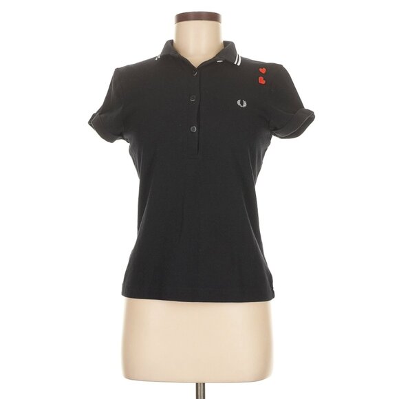 FRED PERRY Amy Winehouse Tipped Polo Top Black 8 Cotton Shirt - Picture 1 of 9